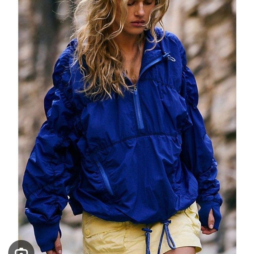 Free People Happy Camper Pullover Drawstring Jacket in Electric Shock Blue